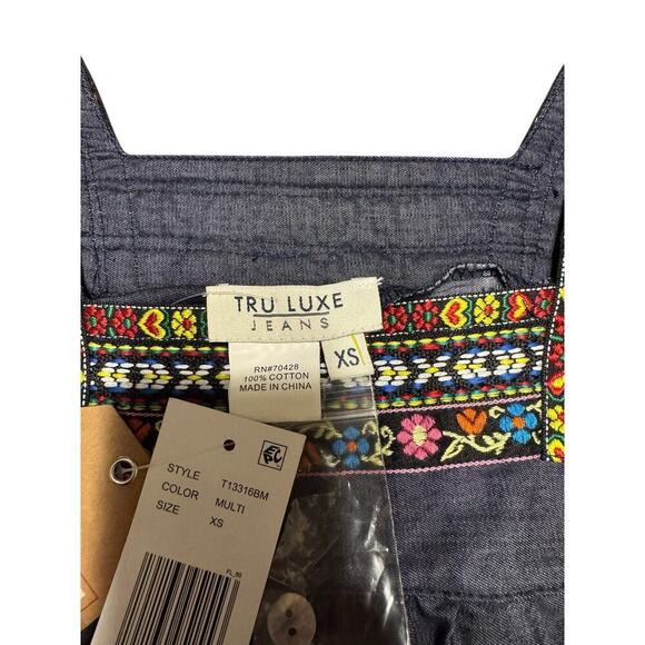 Tru Luxe Jeans Top Size S  Square Neck Blue Colorful Embroidery Floral - Picture 3 of 11